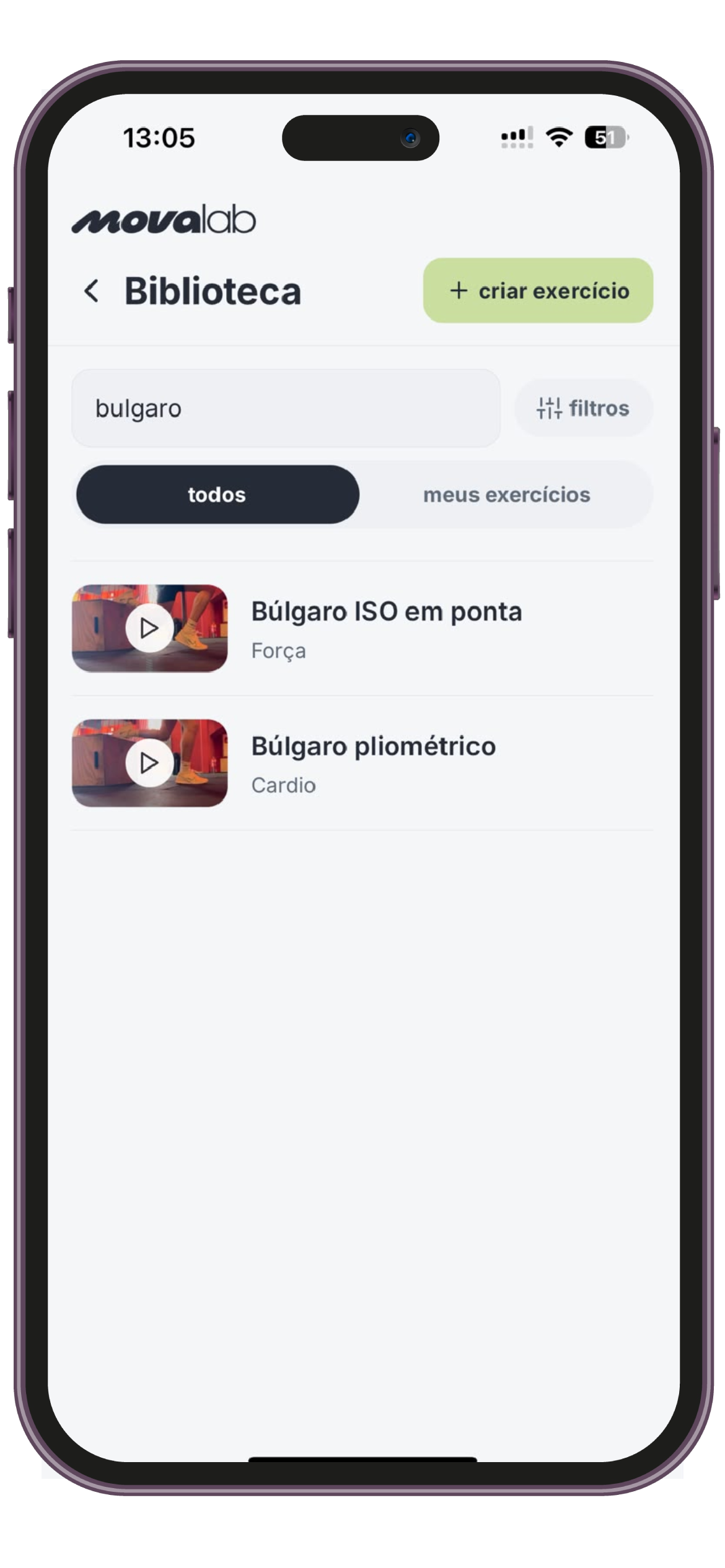 Biblioteca MOVA lab com busca por exercício, categorias e prévias de execução em vídeo.