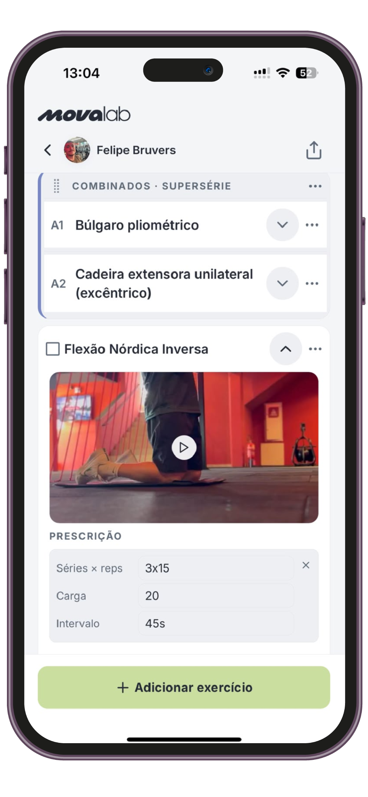 Editor de treino MOVA com exercícios e prescrição.