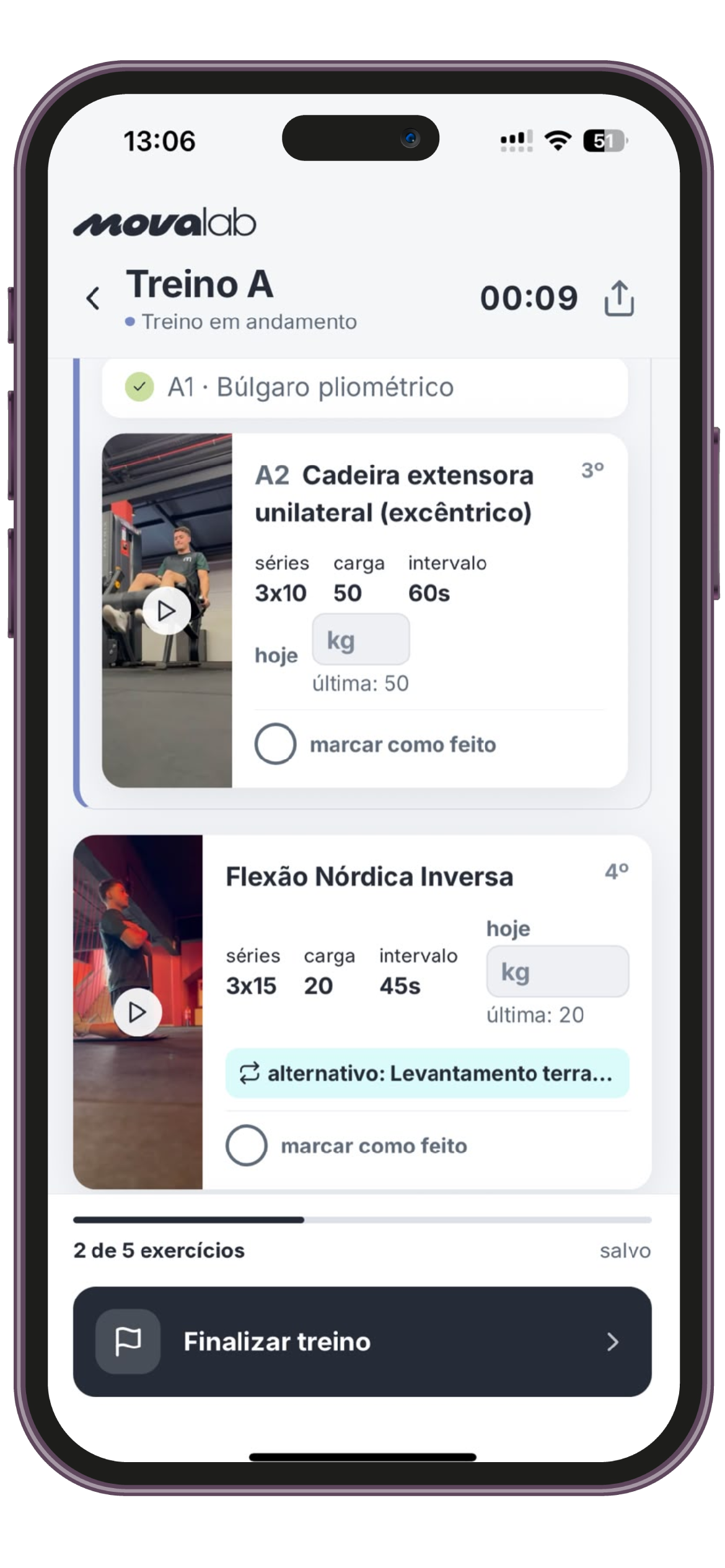 Execução de treino no app MOVA com exercício e progresso da sessão.