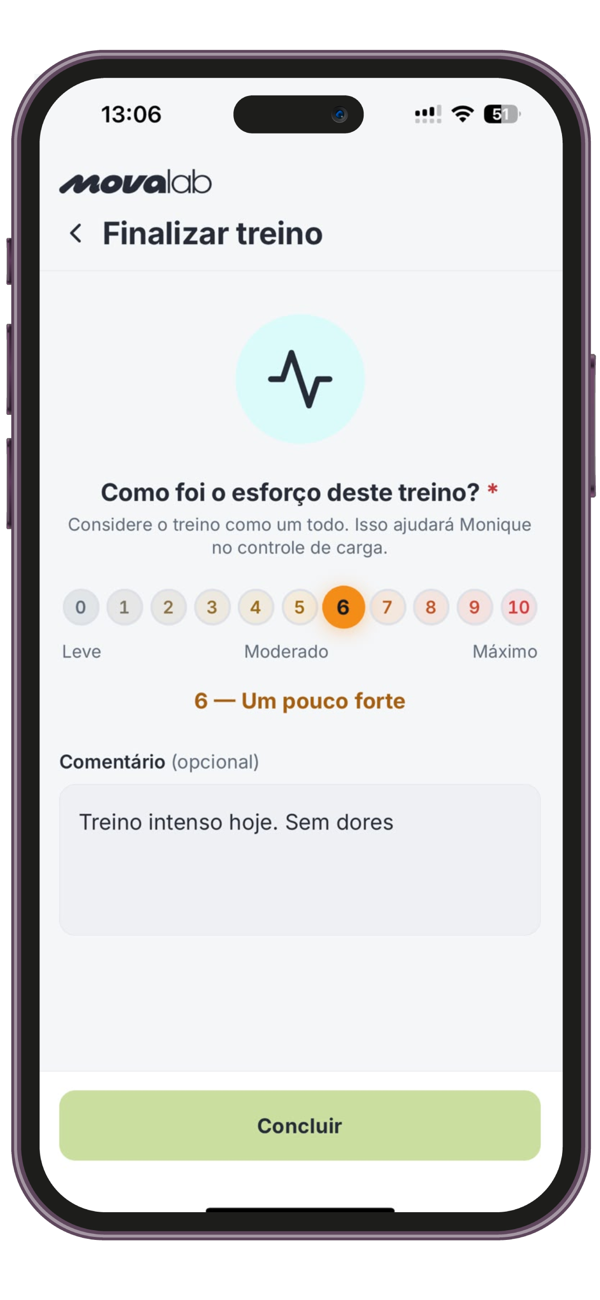 Tela MOVA de feedback após uma sessão, com escala de esforço e comentário.