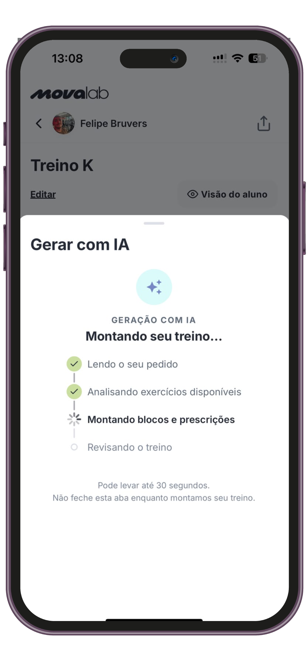 Tela MOVA lab durante a geração assistida de um treino com IA.